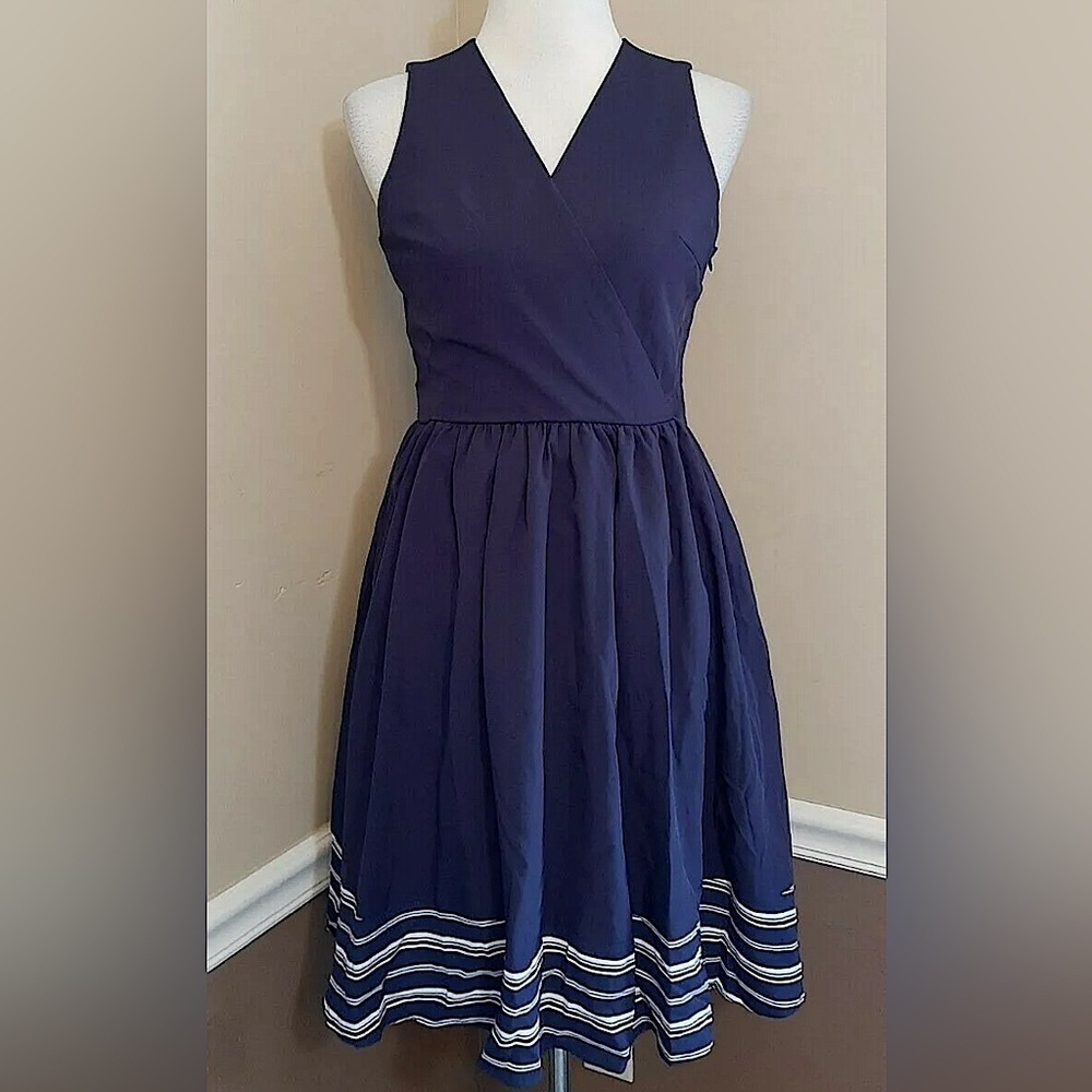 Navy Blue White Striped Hem Surplice V-Neck ModCloth Dress by Yellow Star Small